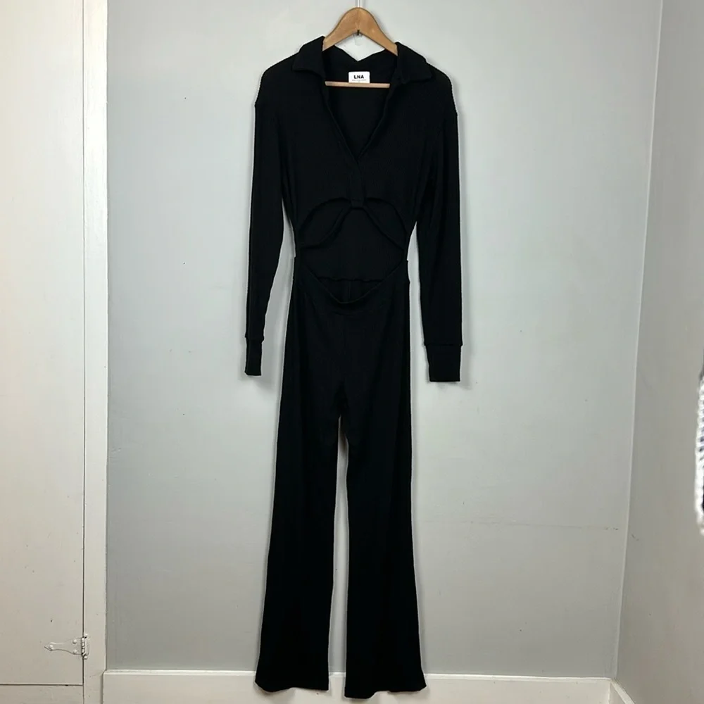 Free People LNA Emily Ribbed Jumpsuit Size Small Black